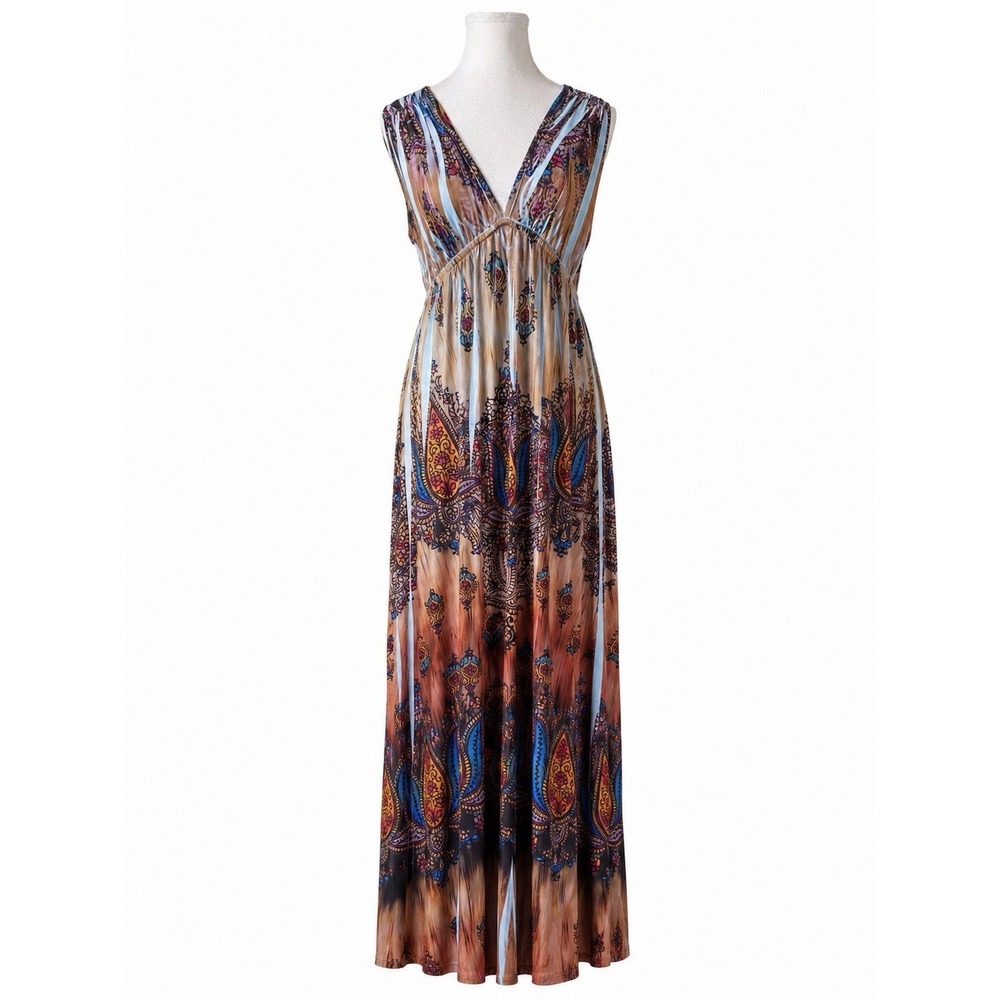 One World M Multicolor Paisley Sleeveless V Neck Maxi Dress Boho Stretch